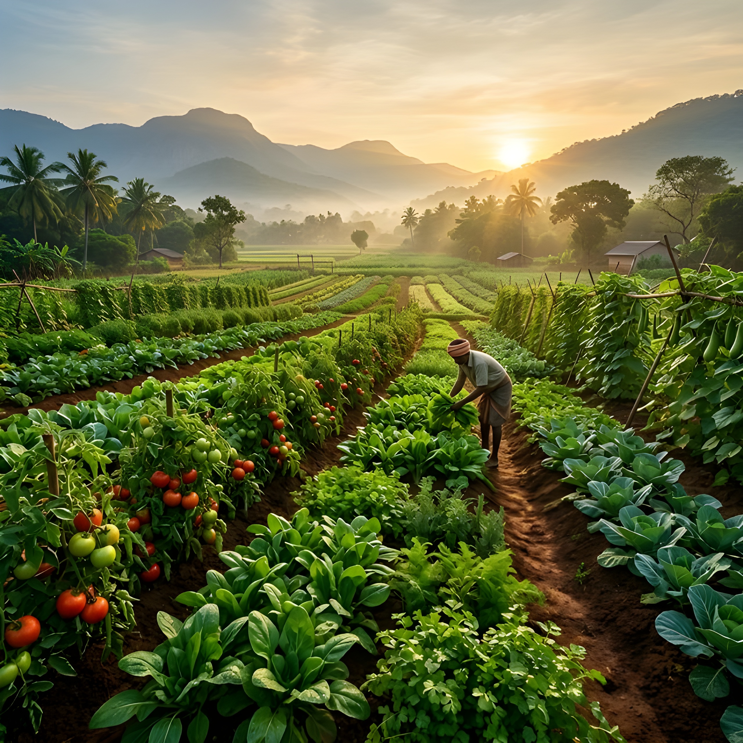 Lush organic farm in morning light